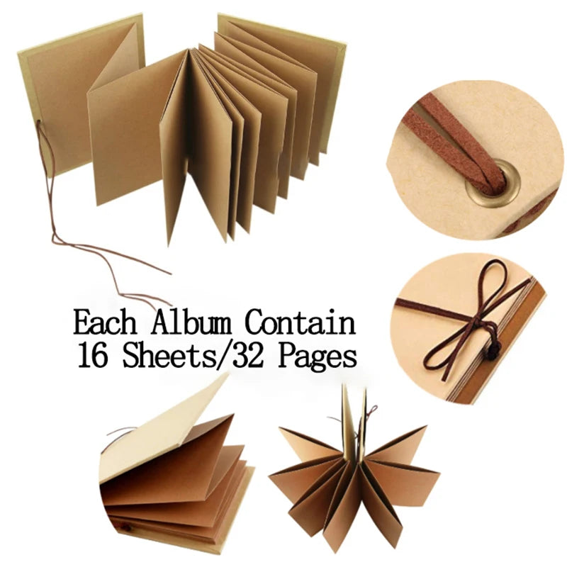 Ein Set handgemachter Kraft-Fotoalben und Scrapbooks in verschiedenen gefalteten und geöffneten Ansichten.