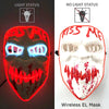 A glowing red and blue LED mask featuring a skull design, shown in both light and no light status.