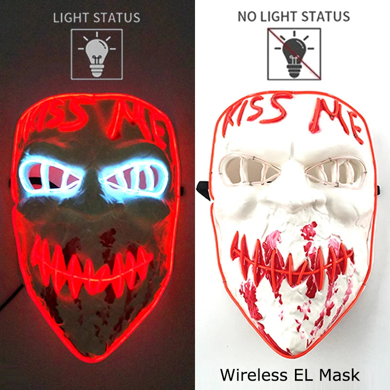 A glowing red and blue LED mask featuring a skull design, shown in both light and no light status.
