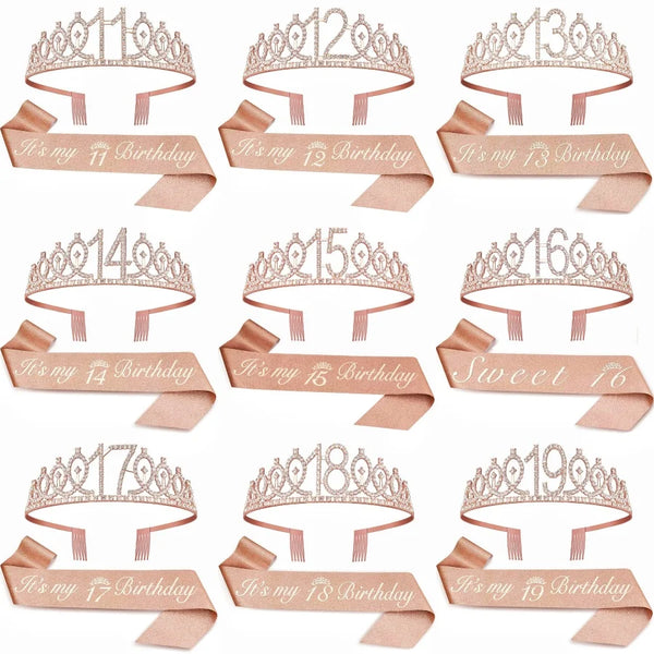 Elegant Birthday Tiara Crown & Sash Set
