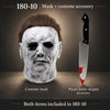 A realistic latex costume mask resembling Michael Myers with a bloody scar detail next to a plastic knife accessory.