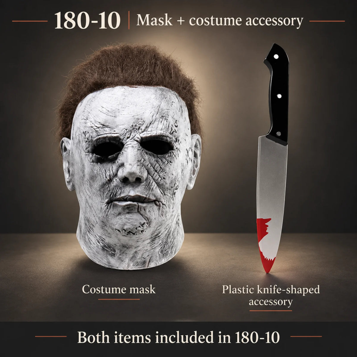 A realistic latex costume mask resembling Michael Myers with a bloody scar detail next to a plastic knife accessory.