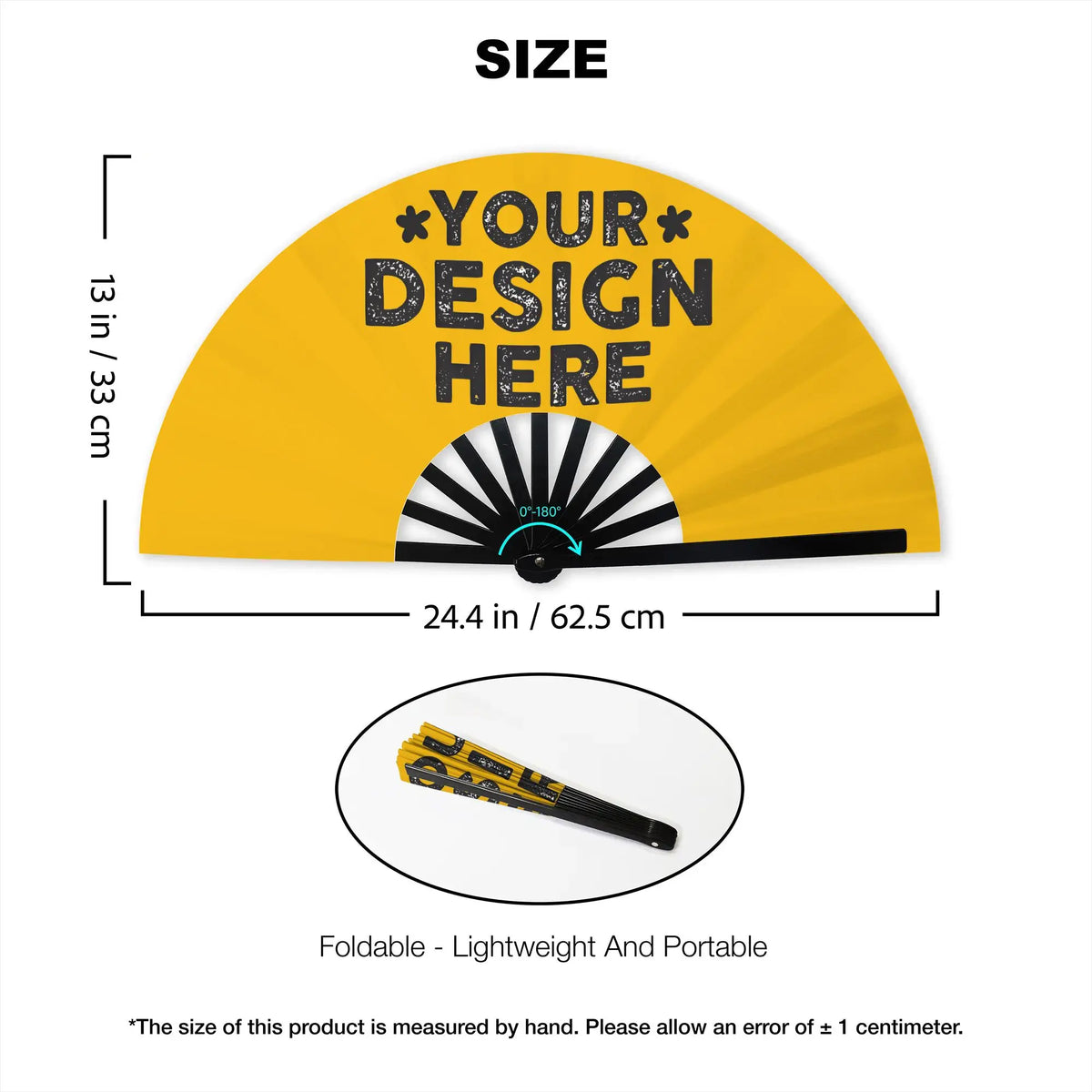 Yellow folding hand fan with a customizable design area and measurement markings.