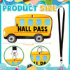 A yellow bus shaped hall pass lanyard with a black strap and circular close-up views of the pass.