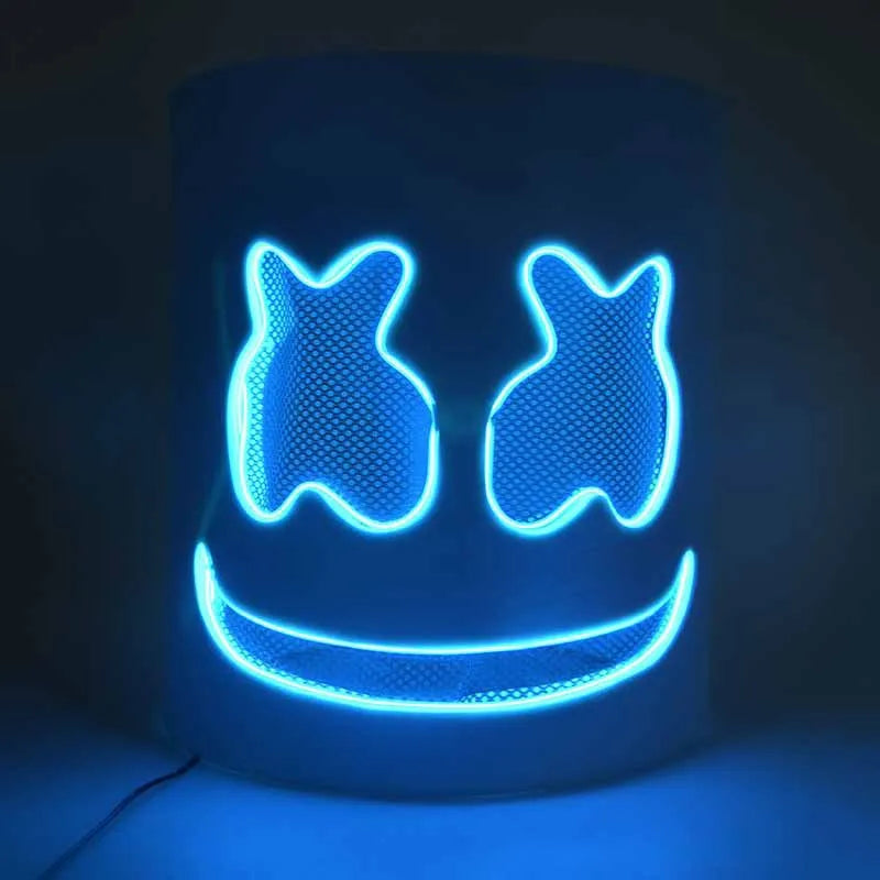 A glowing blue neon LED party mask with a smiling face design