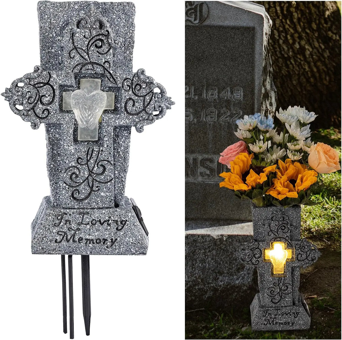Silver cross grave memorial with In Loving Memory inscription and LED light