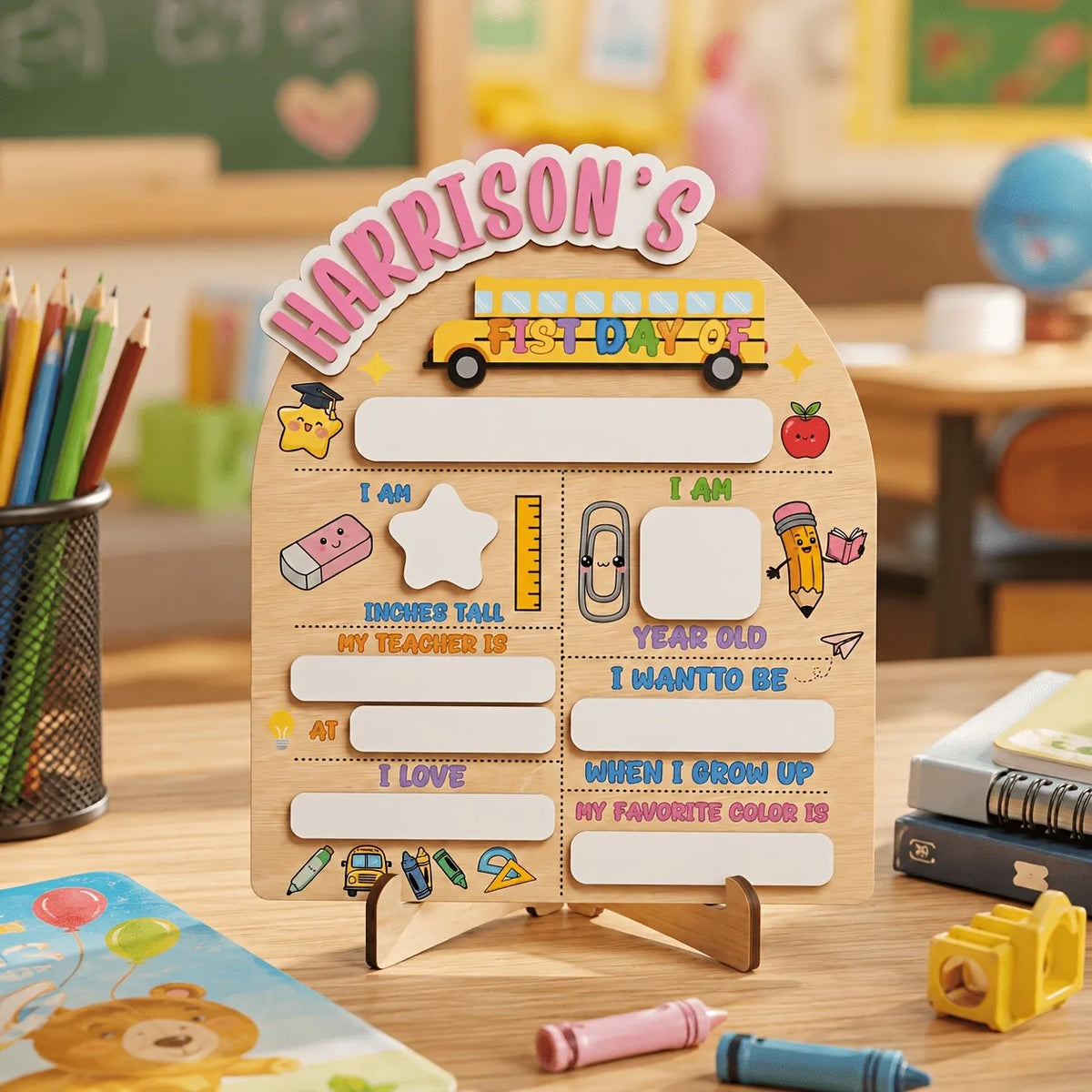 A personalized wooden keepsake board for a child featuring spaces to write about their first day of school and personal detai