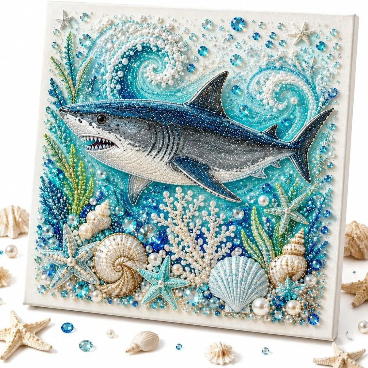 Kit de pintura de diamantes con un tiburón de plata y criaturas marinas como estrellas de mar y conchas sobre un fondo azul
