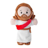 A plush figurine of Jesus with a beard and brown hair, wearing a white garment and a red sash.