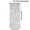 A vertical curtain made of iridescent foil fringe with a silvery-blue shimmer.