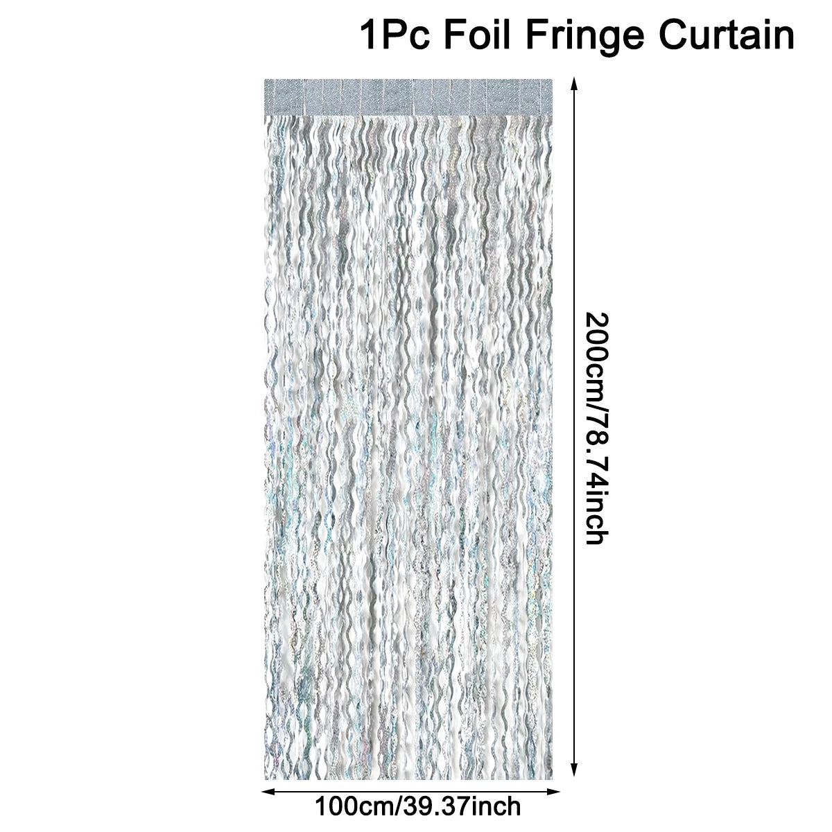 A vertical curtain made of iridescent foil fringe with a silvery-blue shimmer.