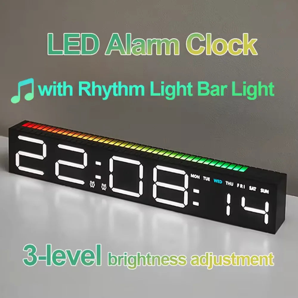 A black LED alarm clock displaying 22:08, featuring a rhythm light bar and 3-level brightness adjustment.