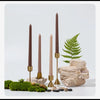 A collection of tall, gradient color taper candles in brown and beige are displayed next to a green fern and natural stones.