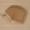 A stack of rustic wooden clip photo display sets with kraft paper frames arranged on a light wood surface.
