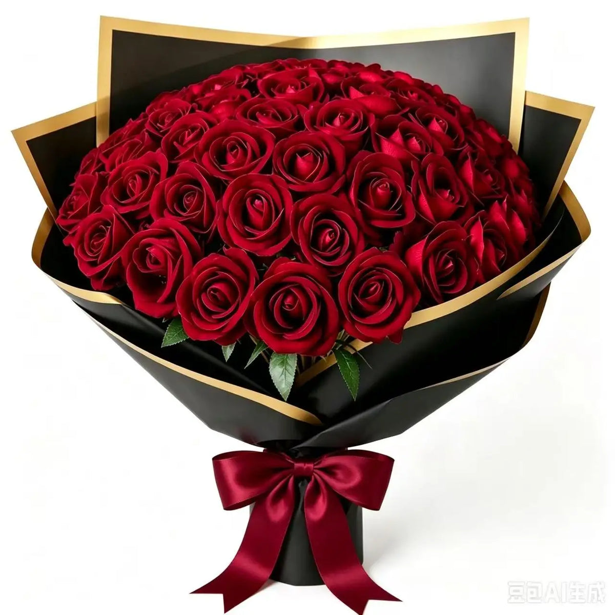 A bouquet of 50 deep red velvet artificial roses wrapped in black paper and tied with a satin ribbon.