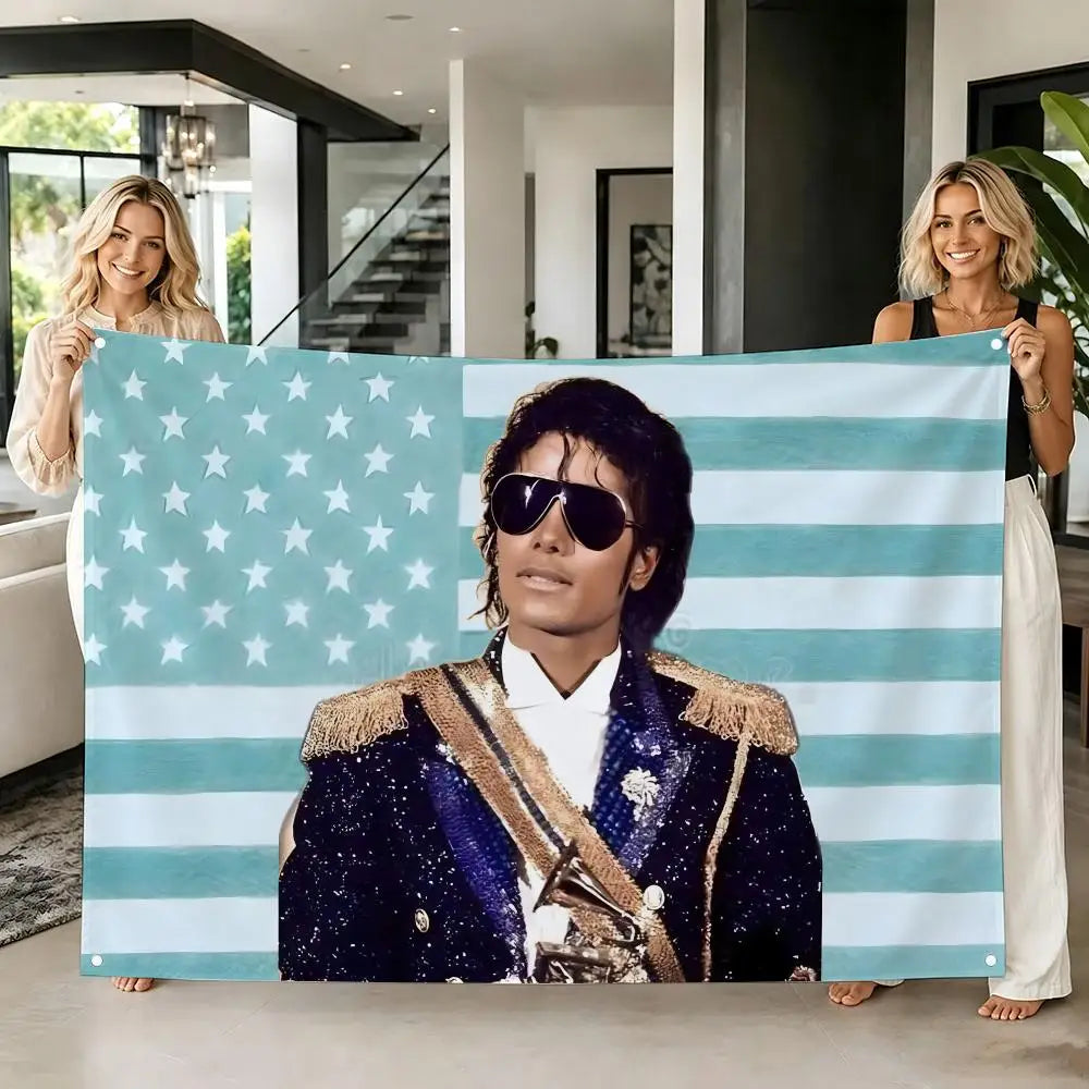 A woman models a flag tapestry featuring the American flag design with blue and white stripes and stars.