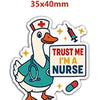 A white duck wearing a nurse's cap and stethoscope, with a syringe and pill visible around it.