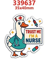 A white duck wearing a nurse's cap and stethoscope, with a syringe and pill visible around it.