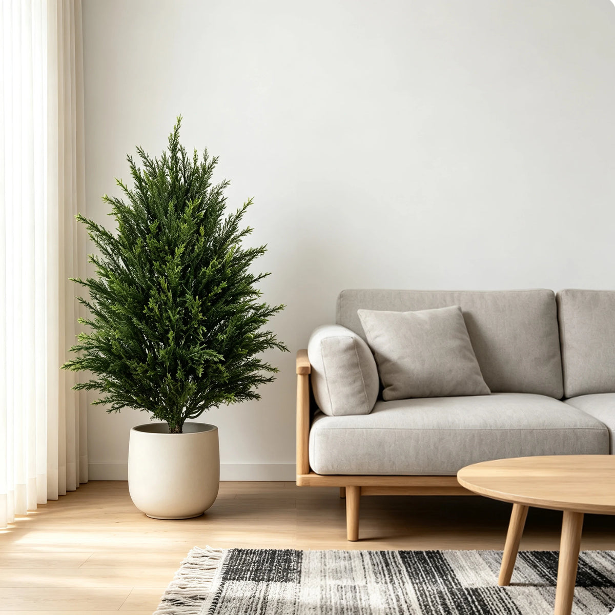 A potted artificial cedar topiary tree in a beige ceramic pot placed next to a light gray sofa and wooden table.