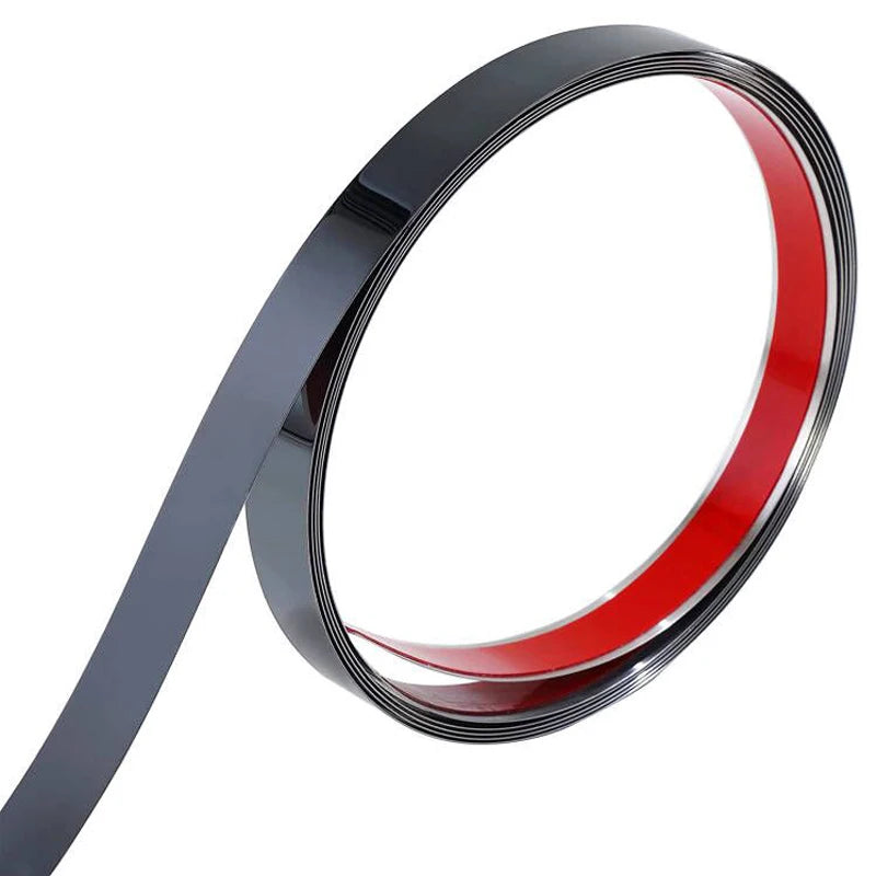 Roll of gold mirror self-adhesive stainless steel decorative wall trim in black and red.