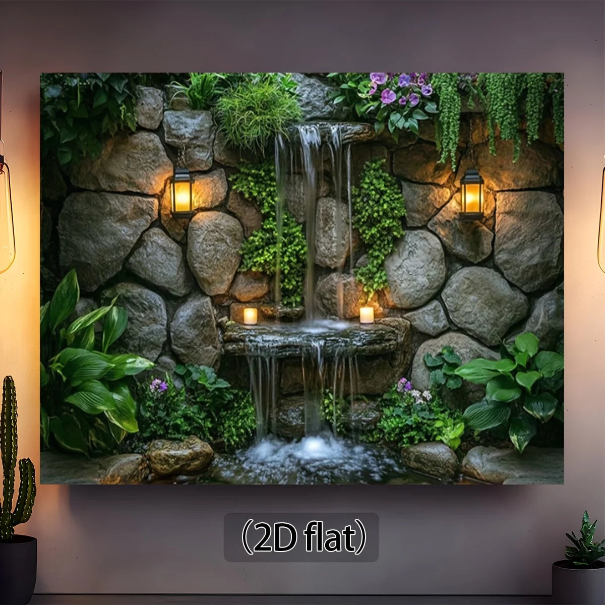 A wall hanging depicting a natural scene with mossy rocks, lush greenery, and a cascading waterfall.