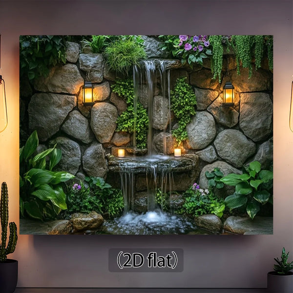 A wall hanging depicting a natural scene with mossy rocks, lush greenery, and a cascading waterfall.