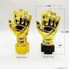 A pair of golden gloves award trophy for football fans shown with a gold and black base.