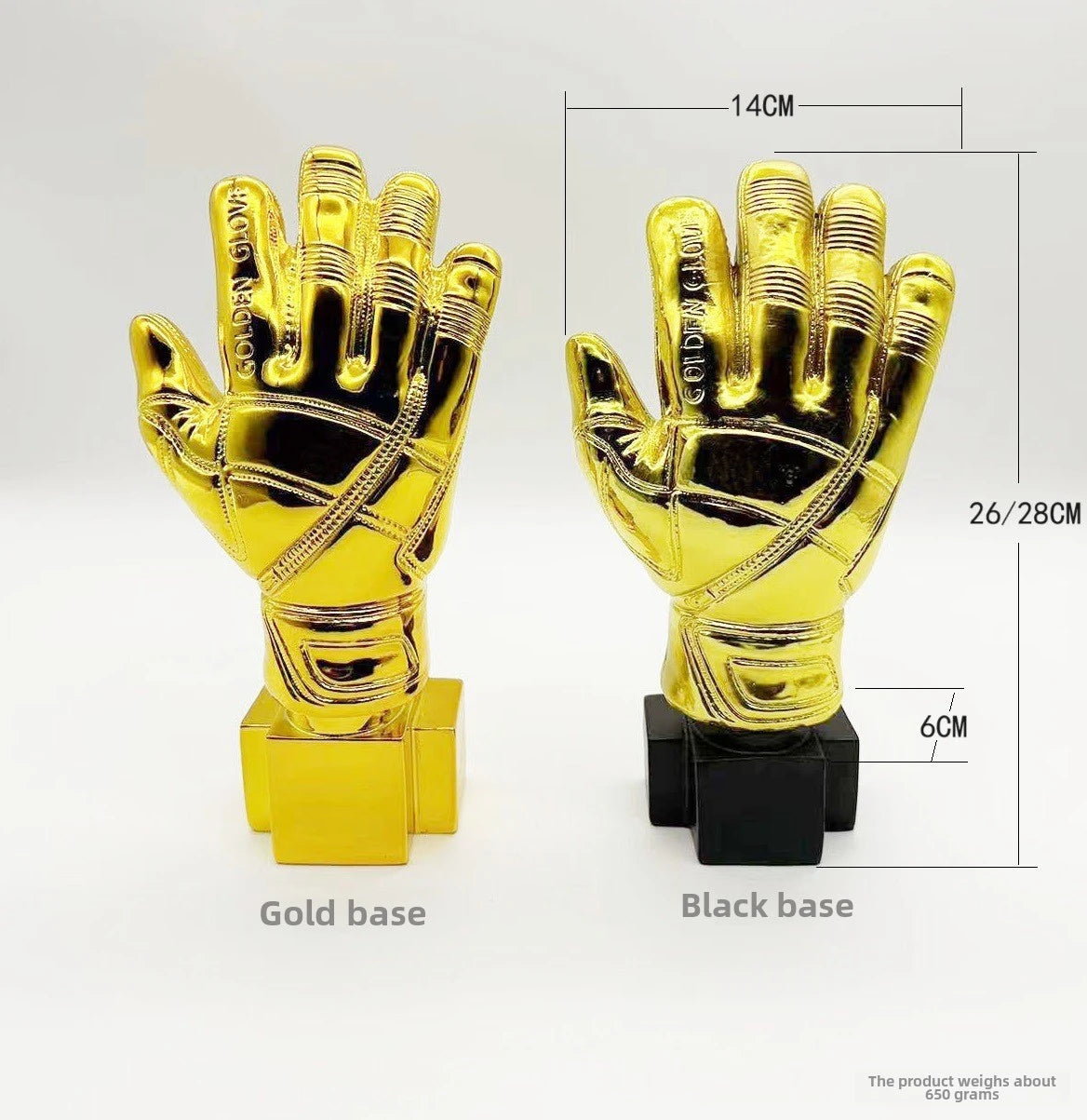 A pair of golden gloves award trophy for football fans shown with a gold and black base.