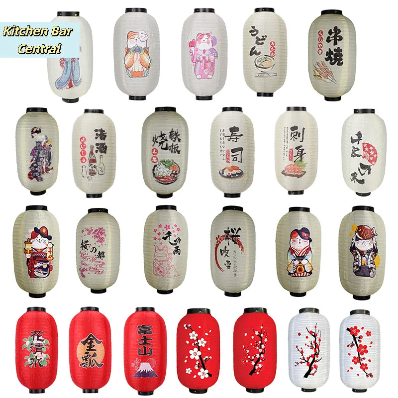 A collection of Japanese paper hanging lanterns in various designs and colors for restaurants and events
