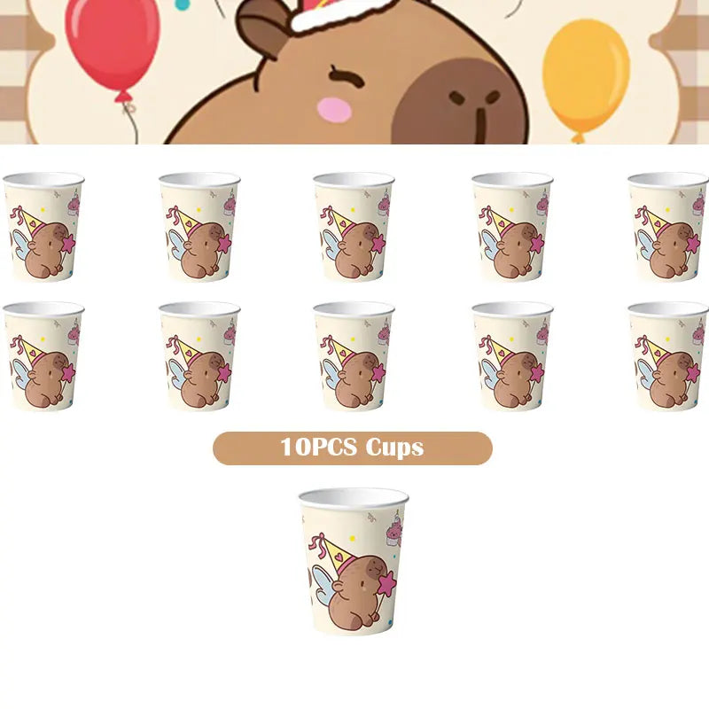 A set of ten cute capybara-themed cups for a birthday party decoration kit.