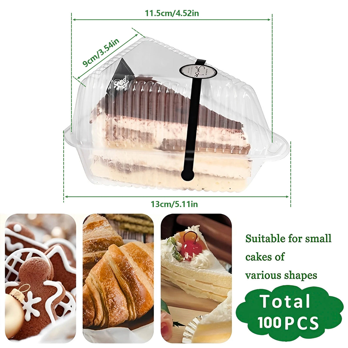 Clear plastic cake slice boxes with lids showing various cakes and pastries.