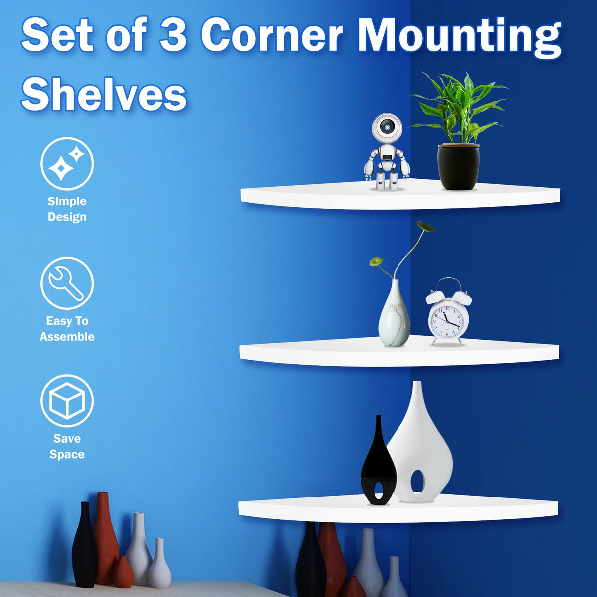 A set of three white corner mounting shelves displayed on a blue wall, featuring various decorative items.