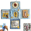 Handcrafted pocket devotional with a cross-shaped pouch featuring religious imagery and gold accents.