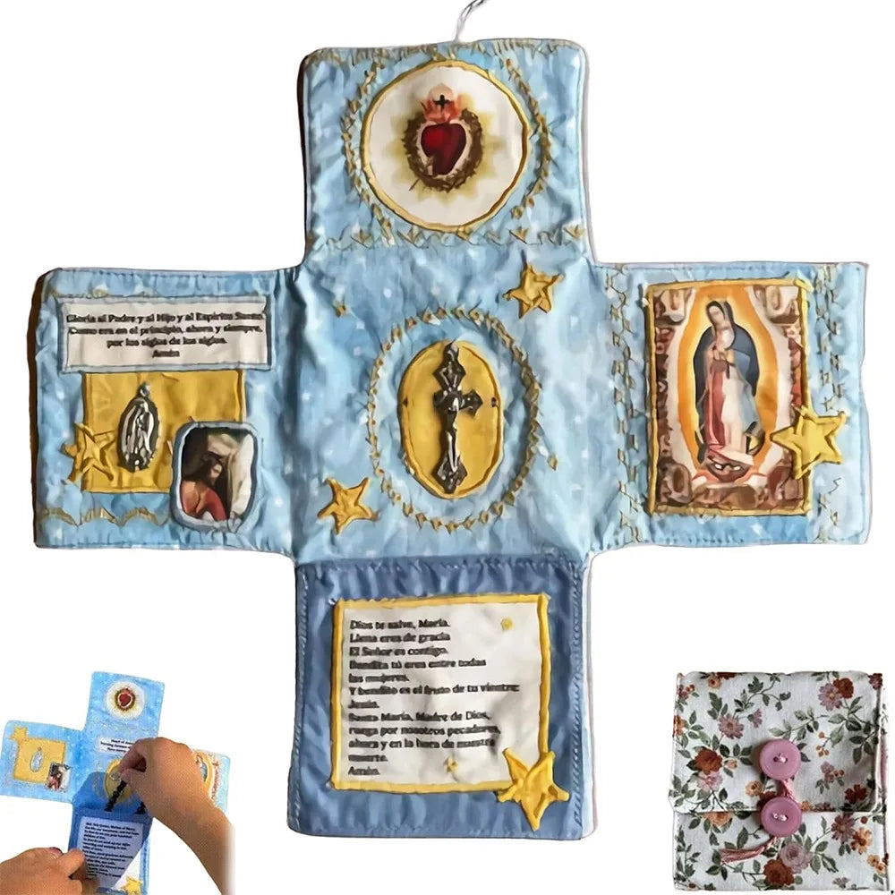 Handcrafted pocket devotional with a cross-shaped pouch featuring religious imagery and gold accents.