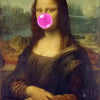 A painting of a woman with long dark hair and a bright pink orb in her face.
