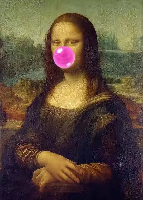 A painting of a woman with long dark hair and a bright pink orb in her face.