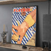 A vintage art print featuring a nude figure with bunny ears and yellow skin tones against a blue and white striped background