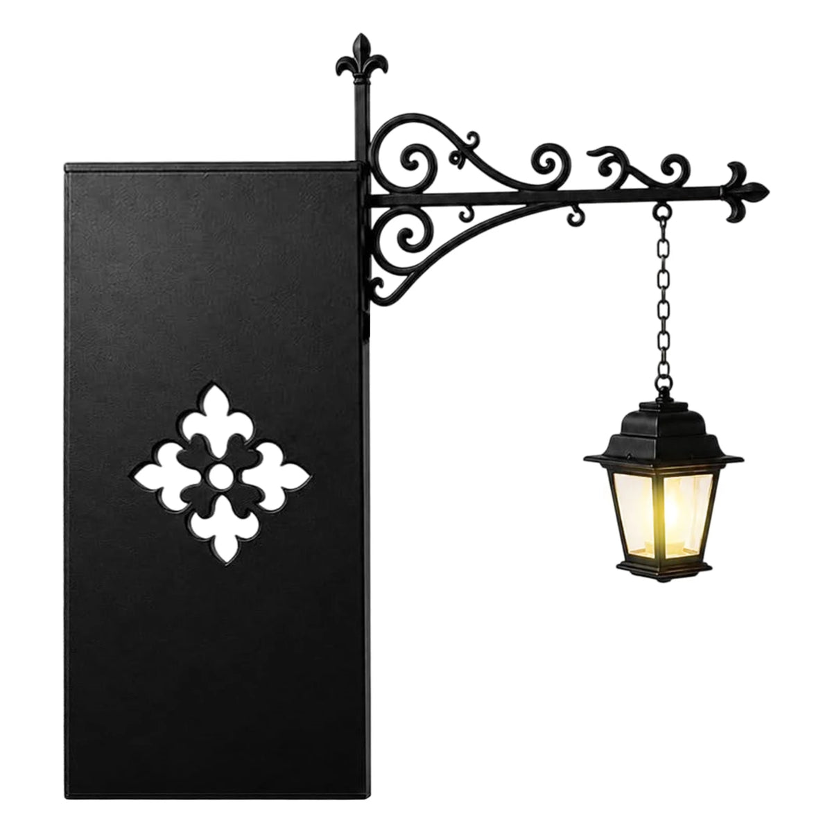 Black antique library lantern with an ornate wrought iron bracket and hanging glass light.