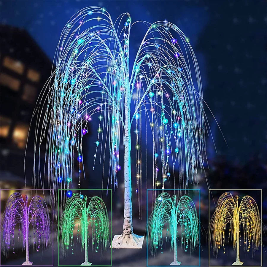 A weeping willow tree light display with multicolored LED lights showering down against a dark blue background.