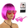 A bright pink short bob wig with pink heart-shaped sunglasses and a package of weaving cap hair extensions.