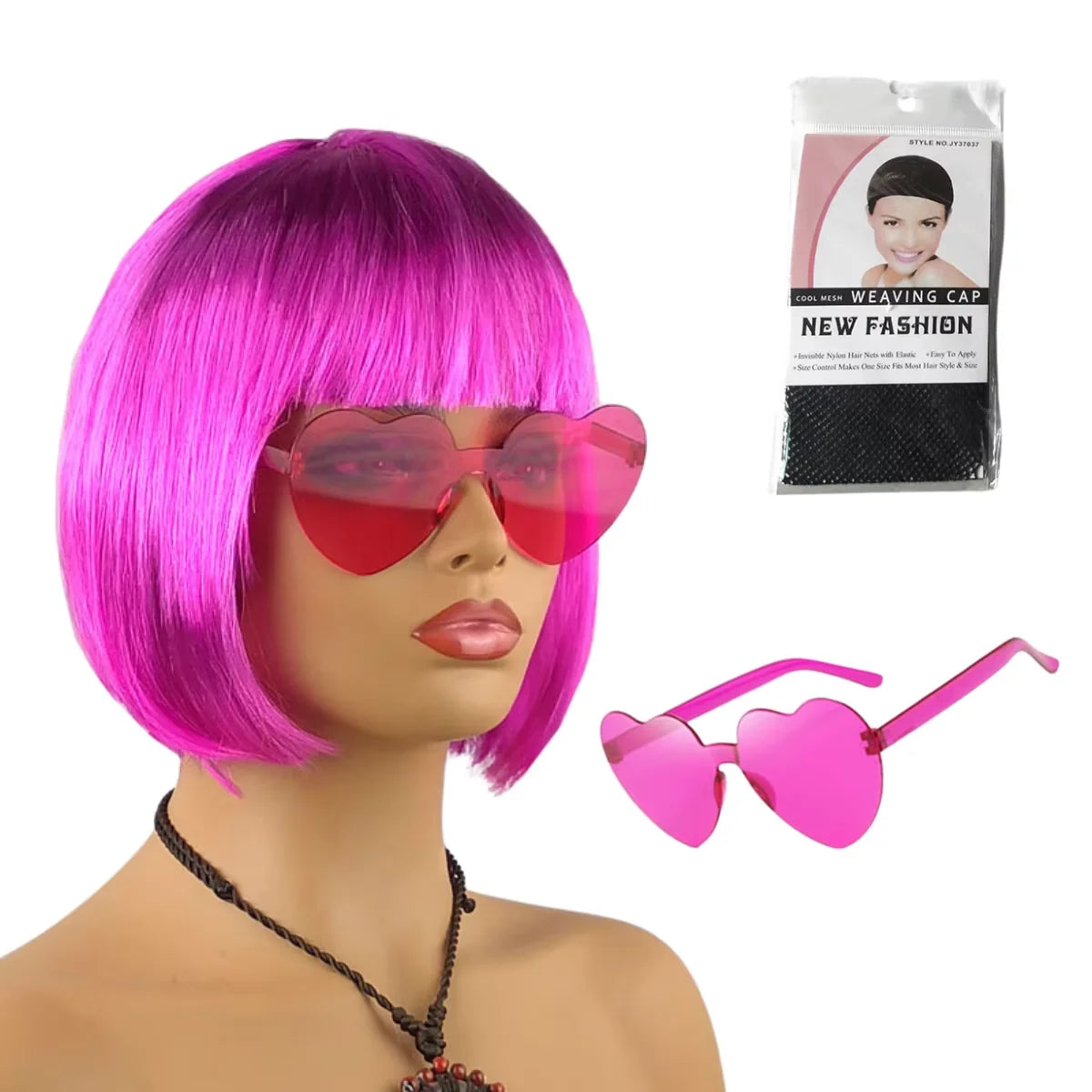 A bright pink short bob wig with pink heart-shaped sunglasses and a package of weaving cap hair extensions.