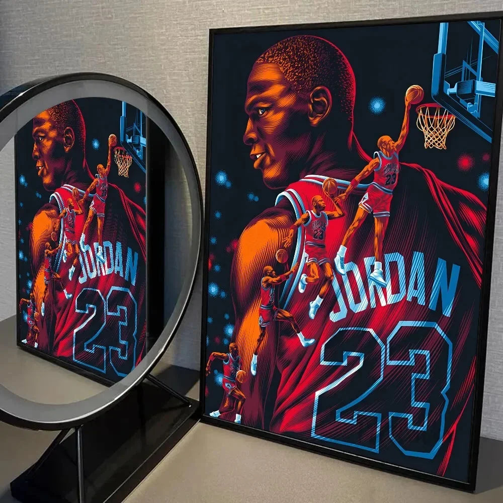 A framed canvas wall art featuring a portrait of Jordan, with the text JORDAN 23 in red and blue.