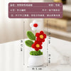 A hand-woven crochet flower in red and white, potted in a white ceramic container.