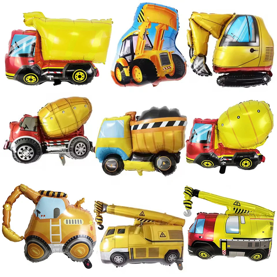 A collection of colorful construction truck foil balloons for birthday party decor.