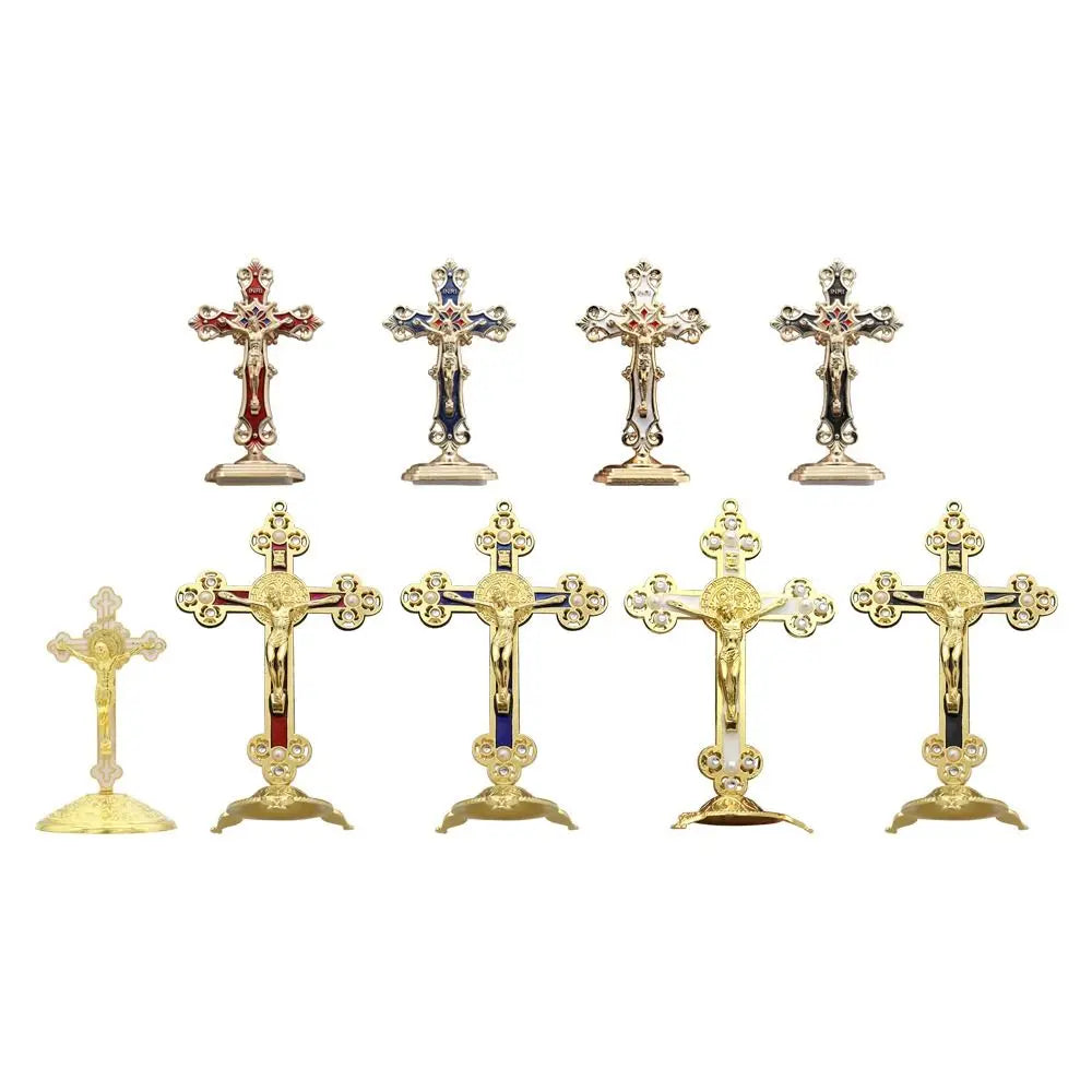 Golden Crucifix Figurine with Enamel Accents