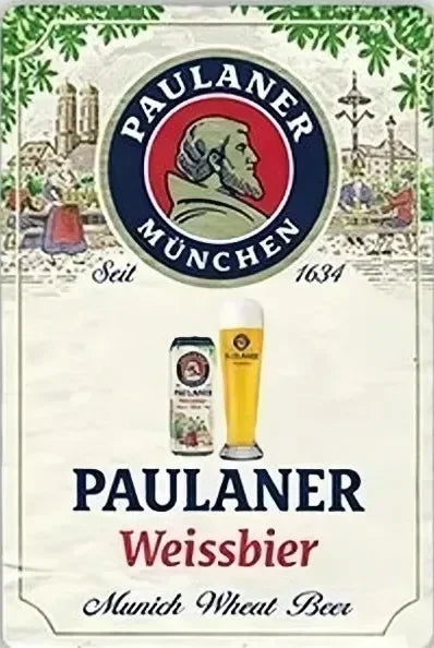 A vintage beer metal sign featuring Paulaner München and Weissbier branding.