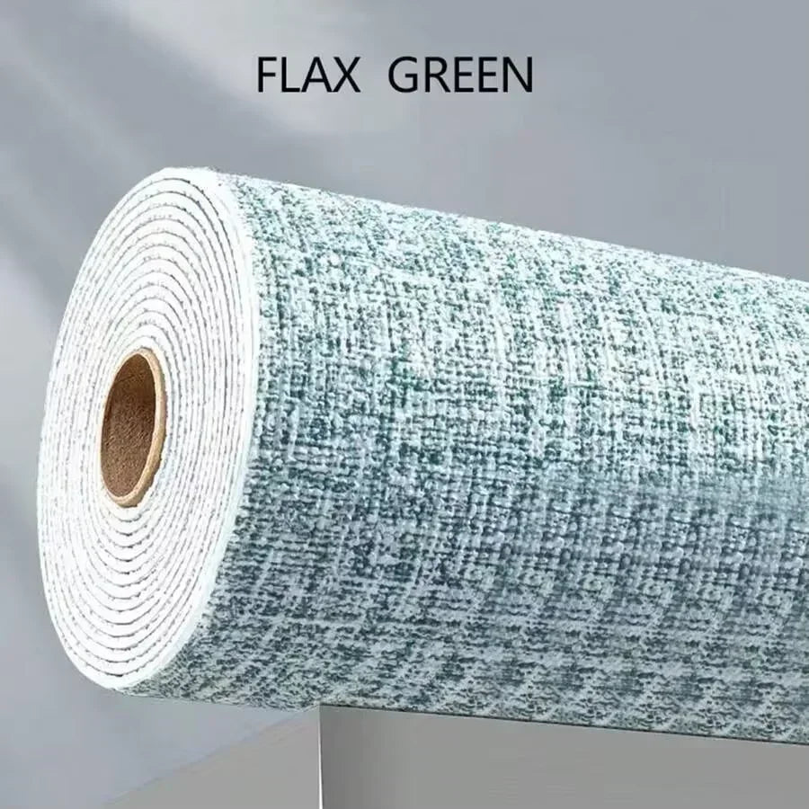 Roll of flax green self-adhesive 3D linen texture wallpaper panels