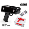 A black electric money spray gun toy with a red replica handgun and packaging.