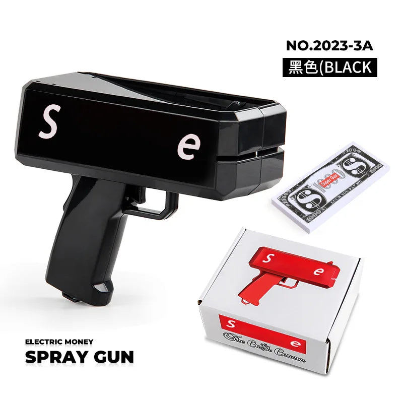 A black electric money spray gun toy with a red replica handgun and packaging.
