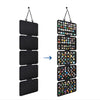 A vertical display of felt lapel pins hanging on strings, arranged in multiple rows.